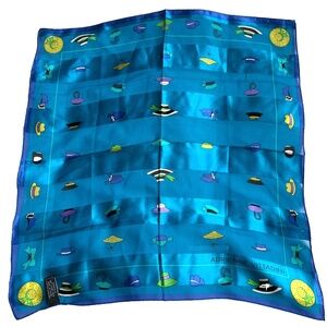 ADRIENNE VITTADINI Scarf 100% Silk 21" Square Blue Hats Shiny Hand Stitched Edge